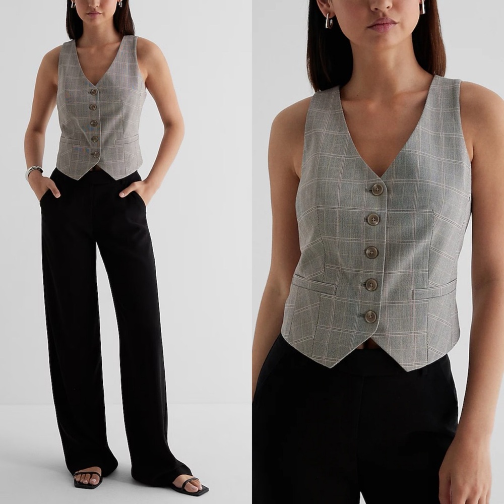 Express Editor Plaid Button Front Blazer Vest Gray Size Medium ID# 5638